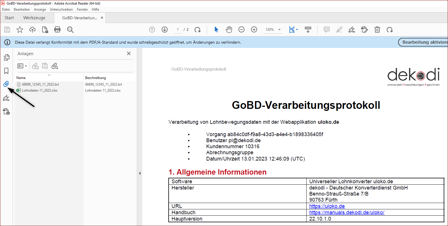Vergrößern Ausschnitt aus einem GoBD-Protokoll mit Anhängen