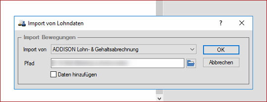 Vergrößern Import von Lohnbewegungsdaten sowie Auswählen des Import-Pfades